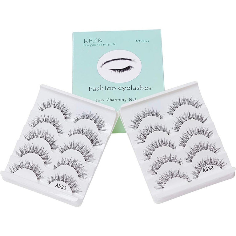 KFZR Handcrafted Synthetic False Eyelashes - 10 Pairs, Natural Look, 3D Crisscross Design, Black, Reusable