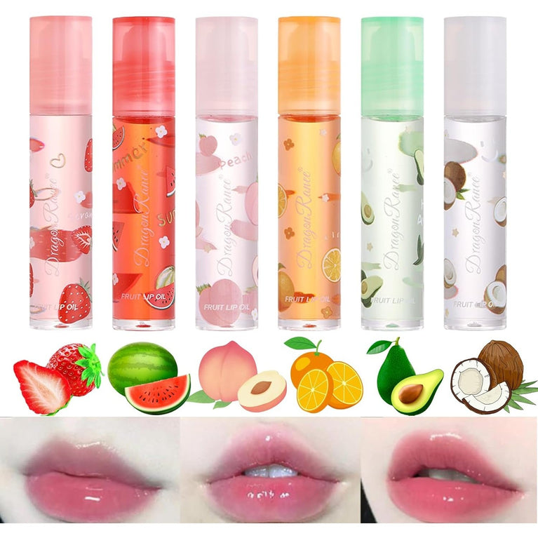 Mrettick 6-Piece Hydrating Lip Oil Set with Natural Ingredients and Roll-On Design - Moisturizing Lip Care Gift Box