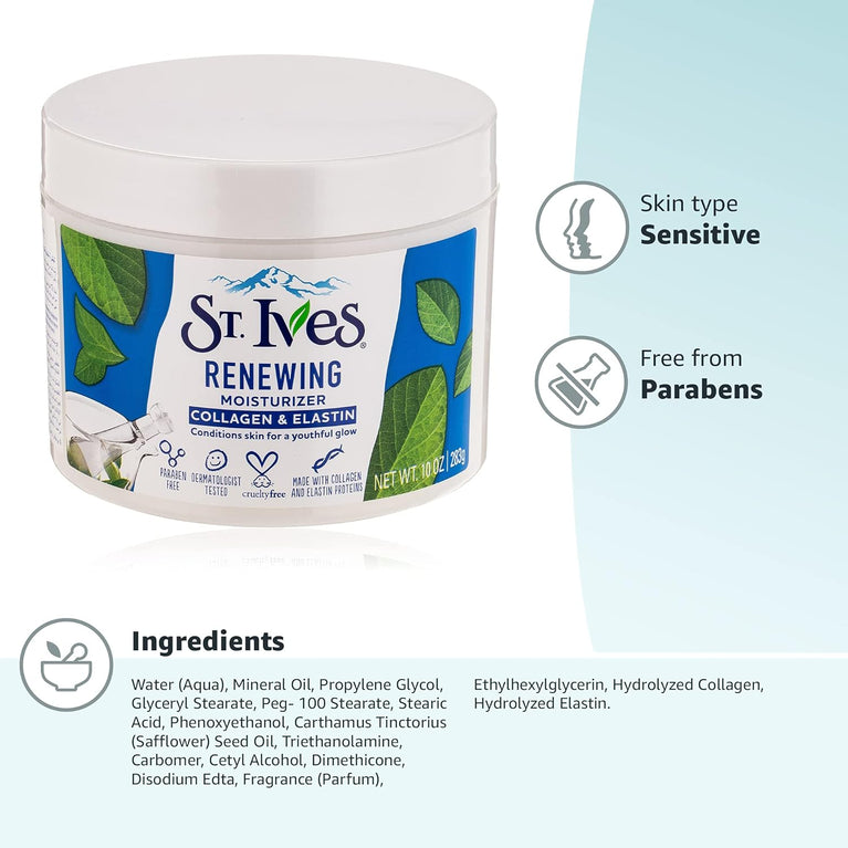 St Ives Youthful Radiance Skin Moisturizer with Collagen & Elastin - Dermatologist Tested, 10 oz Jar