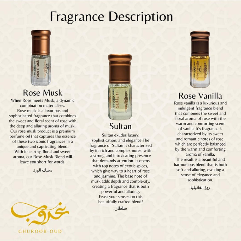 Rose Vanilla Perfume Oud Oil Fragrance Blend (روزفانيلا) by Ghuroob Oud | 3ml Bottle Velvet Pouch Included | Rose, Vanilla, Floral, Romantic Notes | Arabia Attar Perfect for Ramadan or Eid
- Aromatic Rose Vanilla Perfume Oud Oil Blend by Ghuroob Oud