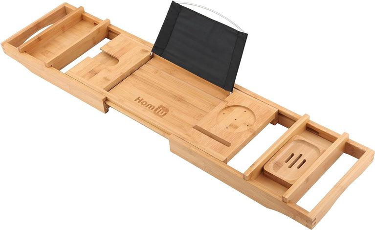 Expandable Bamboo Bath Caddy with Book & Tablet Stand and Wine Glass/Candle Holder