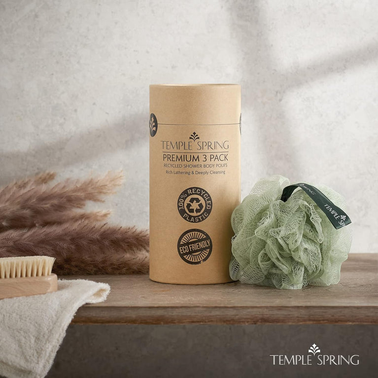 Eco-Friendly Shower Loofahs - Set of 3 Recycled Shower Poufs for Gentle Exfoliation and Rich Lather - Sea Green