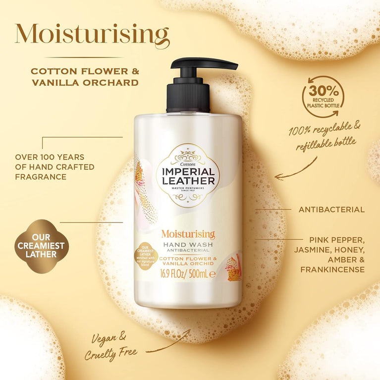 Imperial Leather Moisturising Hand Wash with Cotton Flower & Vanilla Orchid, Antibacterial, Signature Oil Blend, Pack of 6 x 500ml