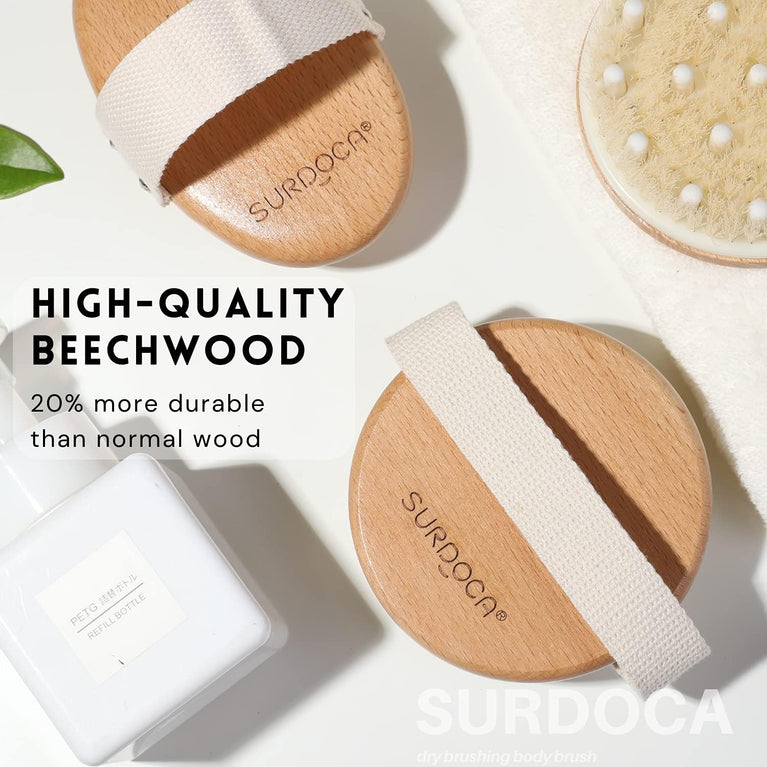 SURDOCA Dry Brushing Body Brush with Beech Wood and Boar Bristles