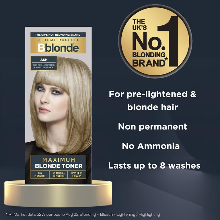 Jerome Russell Bblonde Ash Maximum Blonde Toner – Non-Permanent Hair Toner for Pre-Lightened & Blonde Hair Colour, Ash Hair Dye with No Ammonia or Peroxide, Lasts 8 Washes, 75ml