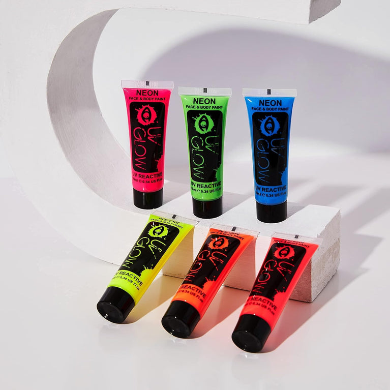 6-Pack Ultra-Bright UV Reactive Neon Face and Body Paint Set - Perfect for Parties, Festivals, and Glow Runs!