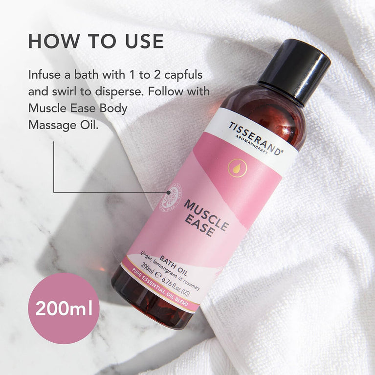 Tisserand Aromatherapy - Muscle Ease Bath Oil with Ginger, Lemongrass, and Rosemary - 100% Pure Essential Oil Blend - 200ml