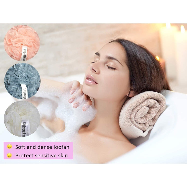 Soft Body Scrubber Bath Sponge Set of 3 - Amazerbst Loofah & Shower Puff for Both Women and Men