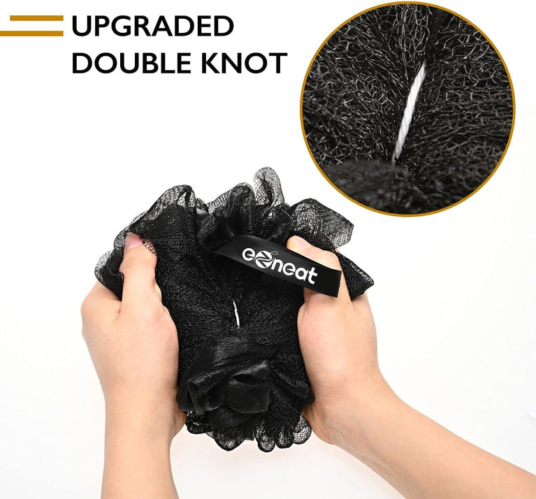 Exfoliating Loofah Shower Puff 3Pcs - Premium Bamboo Charcoal Bath Sponges for Skin Cleansing and Scrubbing - Black