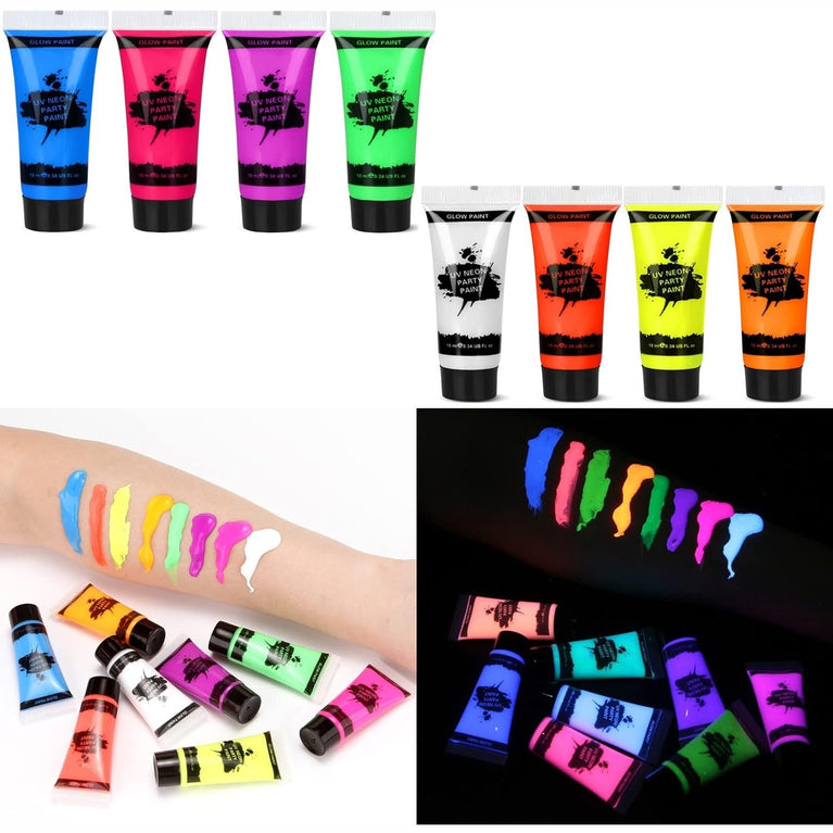 Neon UV Blacklight Reactive Body and Face Paint Set with Brushes and Palette - Non-Toxic and Easy to Clean - 8 Brilliant Fluorescent Colors (10ml each)