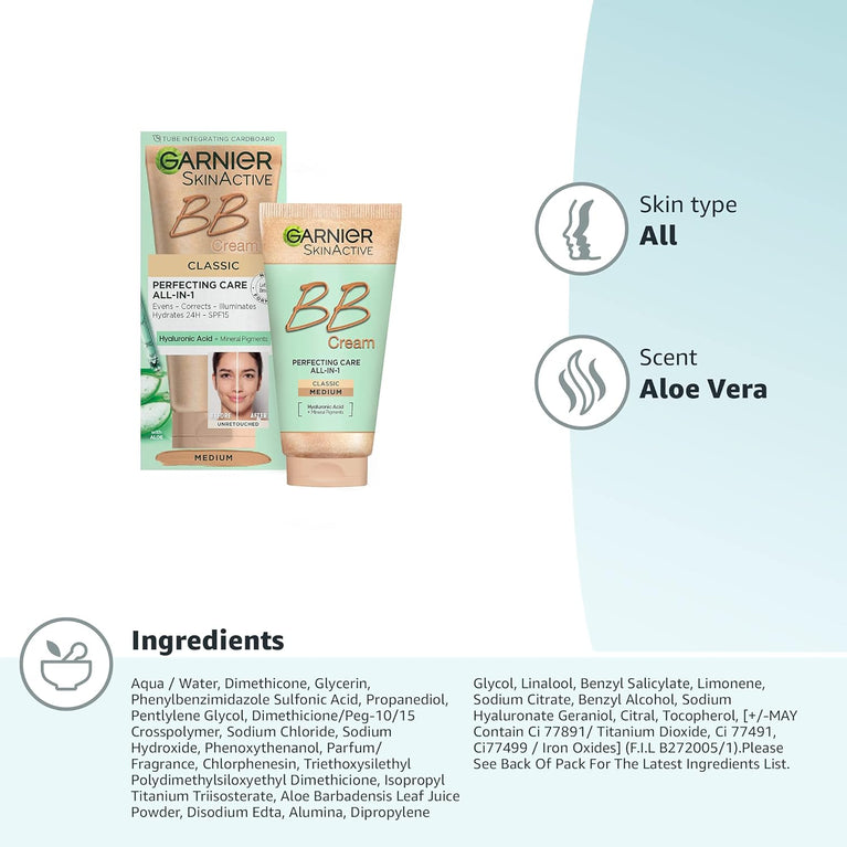 Garnier All-in-One Skin Perfecting BB Cream with SPF 15, Hydrating Aloe and Hyaluronic Acid, Classic Medium Shade, Mineral Pigments for Brightening, Suitable for All Skin Types, 50 ml