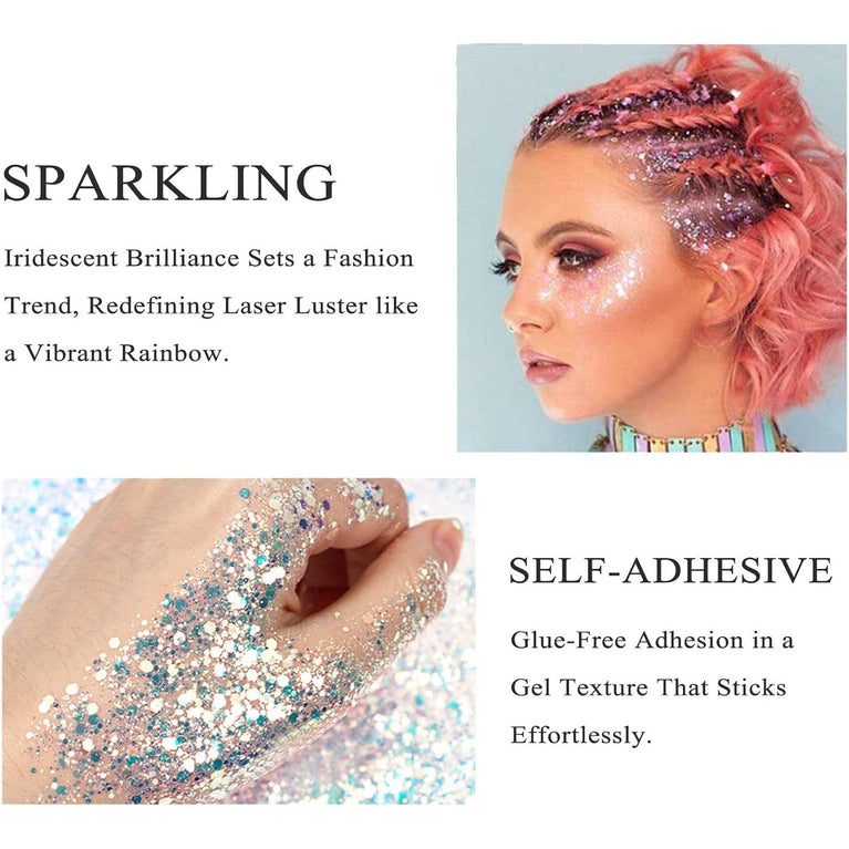 Veroa 5-Pack Multicolor Chunky Glitter Gel Set, 75ml Holographic Mermaid Sequins for Body, Hair, Face, Eye & Lip, All-Day Vegan Festival Makeup with Easy Application and Removal, Cruelty-Free
