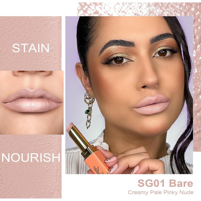 Oulac High Coverage Crème Lipstick - Hydrating Shea Butter Infused, Satin Finish, Vegan and Gluten-Free, Nude Lip Colour SG01 Bare for Women