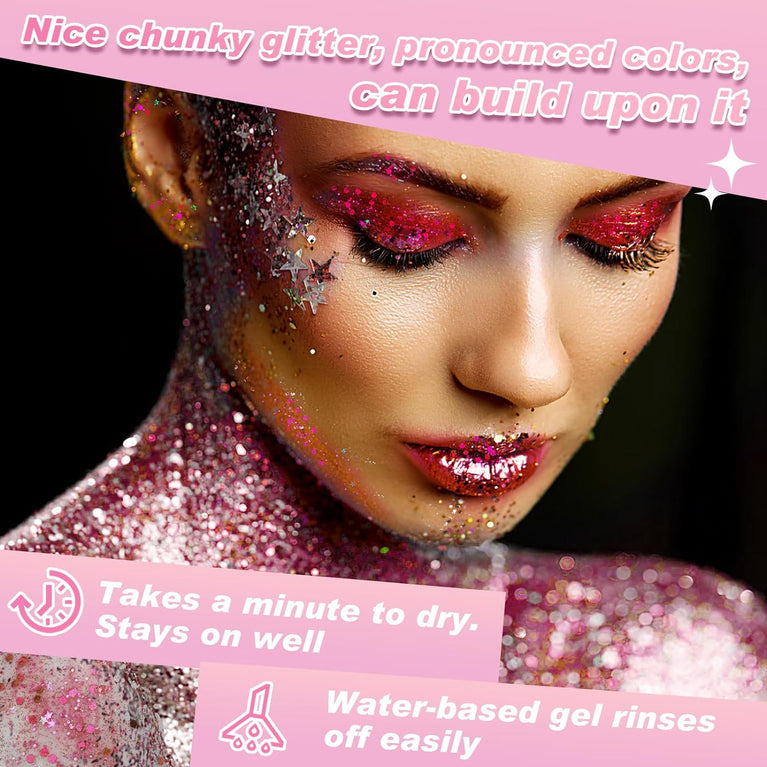 Holographic Pink Body Glitter Gel - Safe and Kid-Friendly Sparkling Lotion for Face, Hair, and Nails - Perfect for Parties, Cosplay, and DIY Art Projects - 50ml