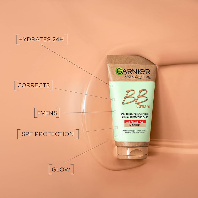 Garnier SkinActive All-In-One Medium Tinted Anti-Aging BB Cream with SPF25, Hyaluronic Acid and Mineral Pigments for Softened Lines and Firm Skin, 50 ml (Single Pack)