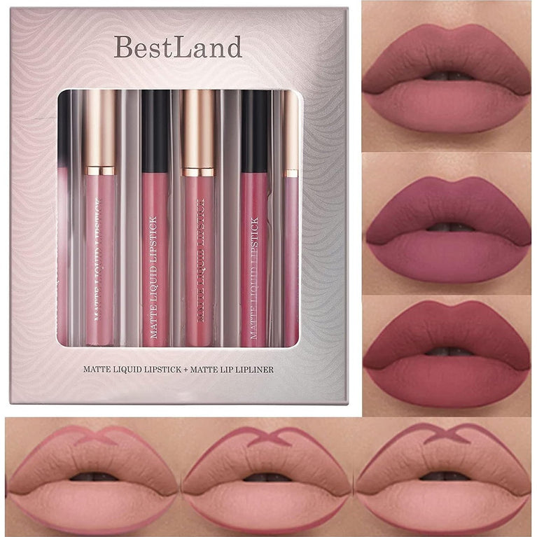24-Hour Stay On Matte Liquid Lipstick and Lip Liner Set - Waterproof, Non-Fade, Non-Stick Cup, Velvety Nude, Pack of 6 (Set C)- Perfect Makeup Gift Set