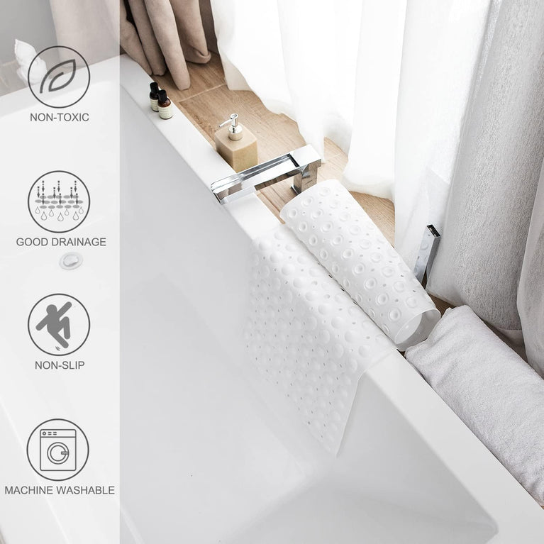 TEESHLY Extra Long Non-Slip Bathtub Mat with Drain Holes and Suction Cups for Shower Tub