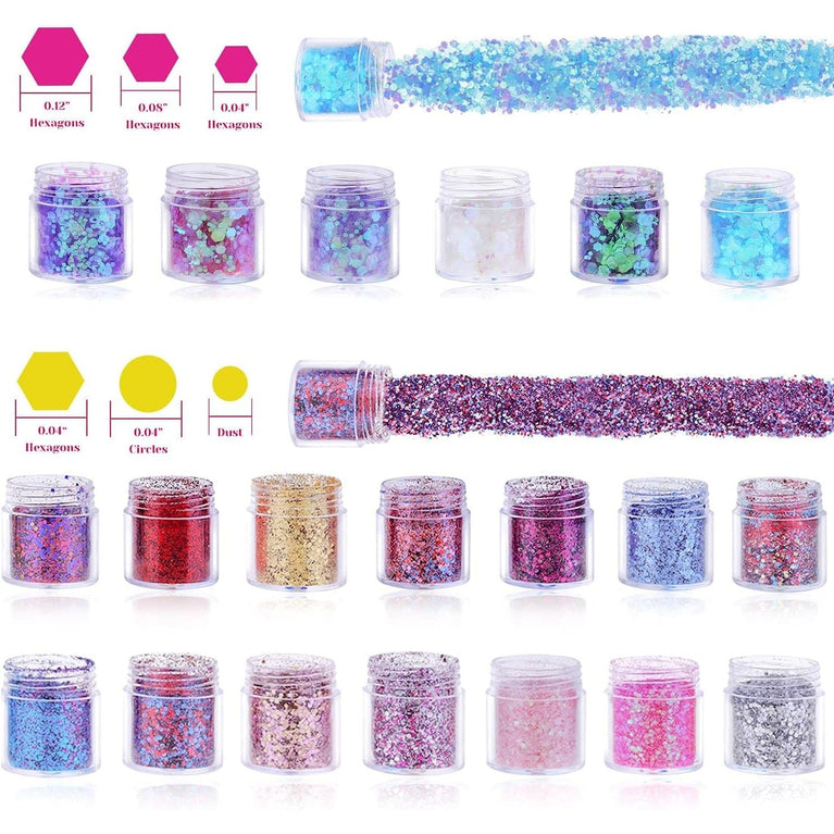 Cridoz Festival Glitter Value Pack: 20 Dazzling Colors Eye, Face, and Hair Craft Glitter with Makeup Tools for Body Art, Cosmetic Face Painting and Nail Art, 200g