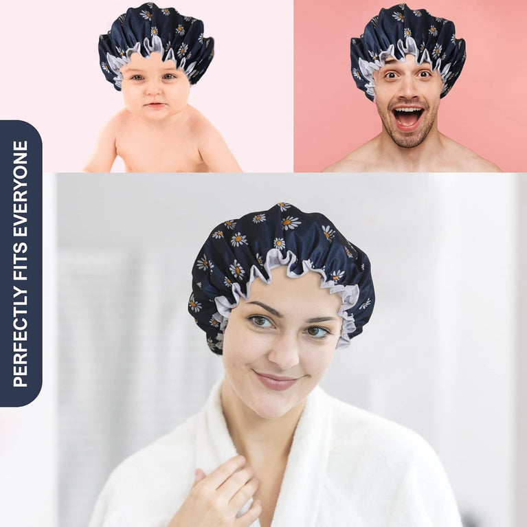 Floral Patterned Reusable Waterproof Shower Cap for Women - Ideal for Long, Short, and Curly Hair