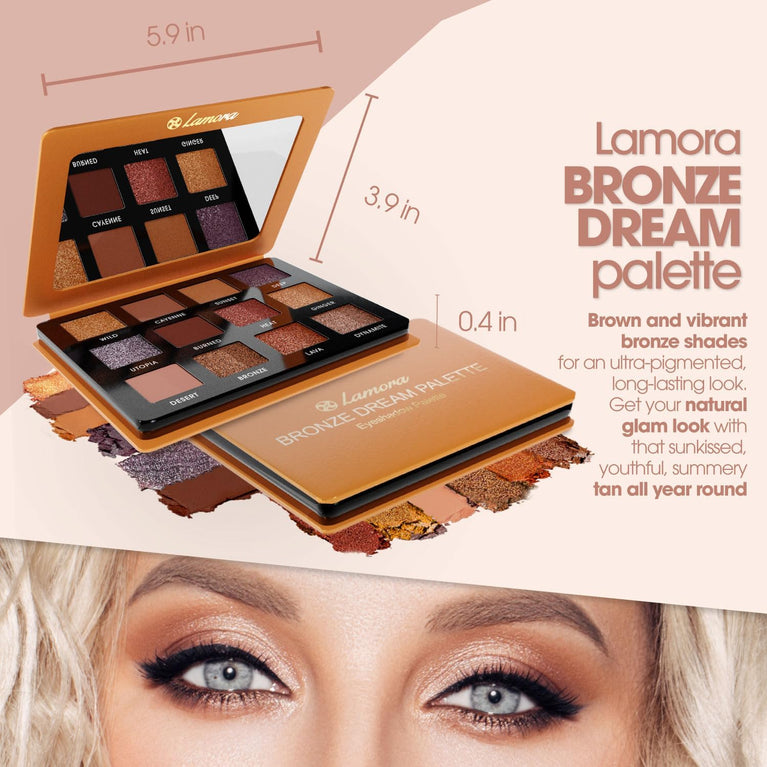 Lamora 12-Shade Bronze Eyeshadow Palette - Versatile, Highly Pigmented Shimmer and Matte Shades - Compact Travel-Friendly Design with Mirror - Vegan & Cruelty Free Makeup