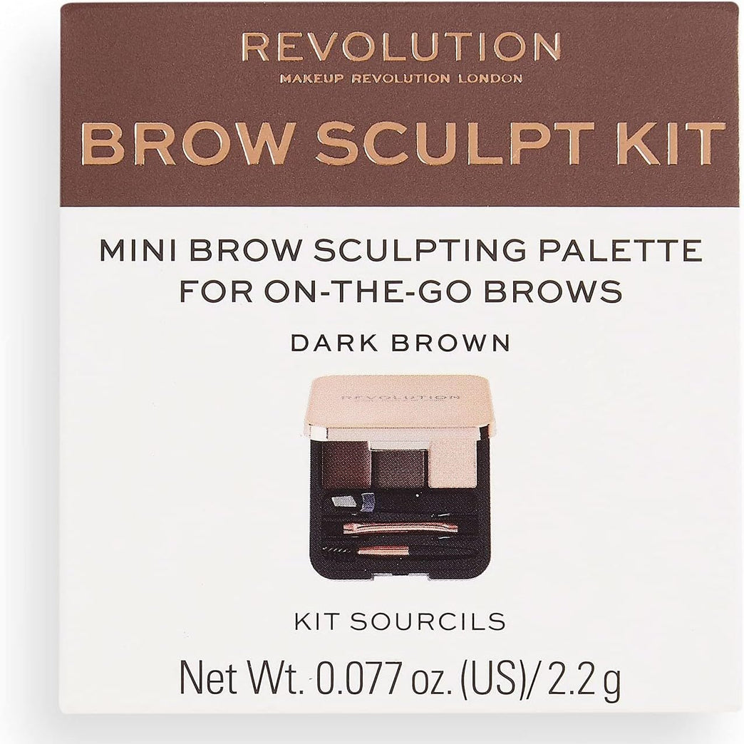 Makeup Revolution Dark Brown Brow Sculpting Kit with Gel, Powder, Highlighter, and Tools- Vegan and Cruelty-Free, 2.2 g