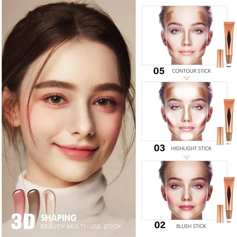 Versatile 3-in-1 Makeup Kit - Liquid Contour, Highlighter & Blush Set with Portable Sponge Applicator