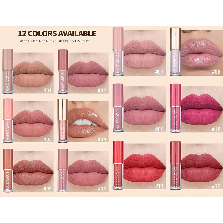 Vibrant 12-Color Long-Lasting Matte Liquid Lipstick Set with Waterproof Non-Stick Formula, Perfect Makeup Gift Kit for Women (Set A)