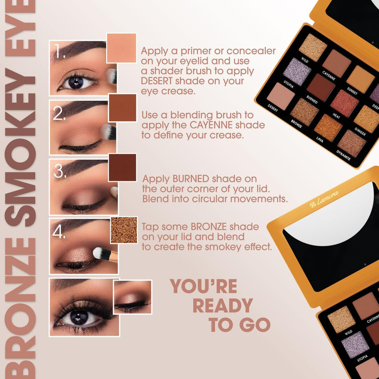 Lamora 12-Shade Bronze Eyeshadow Palette - Versatile, Highly Pigmented Shimmer and Matte Shades - Compact Travel-Friendly Design with Mirror - Vegan & Cruelty Free Makeup