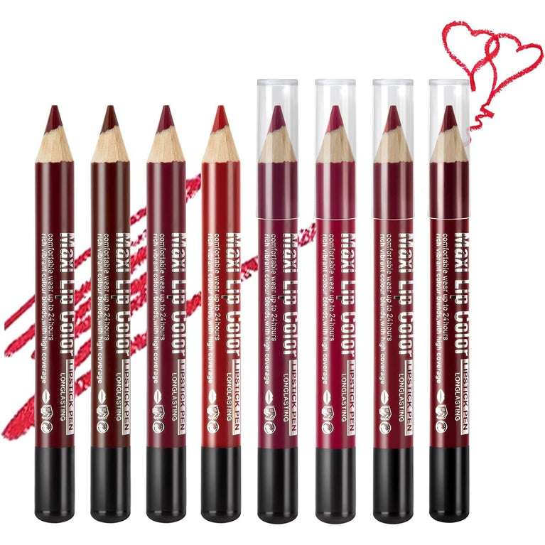 Beteligir Vibrant 8-Color Matte Lip Liner Set with Sharpener, Long-Lasting and Waterproof Lip Crayon, Non-Drying and Easy to Apply, Cruelty-Free (01)