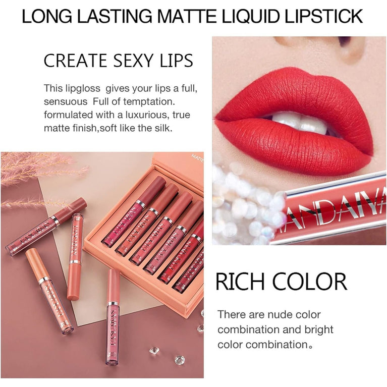 Vibrant 6-Piece Waterproof Matte Liquid Lipstick Set – Long-lasting, Non-Stick, Comfort-wear Makeup Kit for Women and Girls (A)