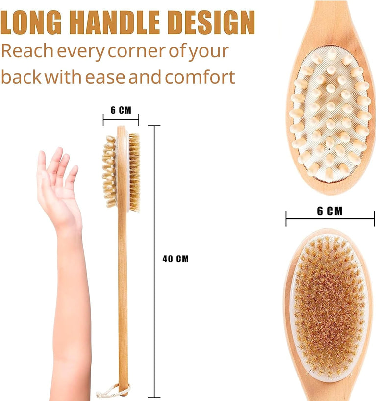 Luxurious 2 in 1 Natural Bristle Back Scrubber for Shower with Long Handle