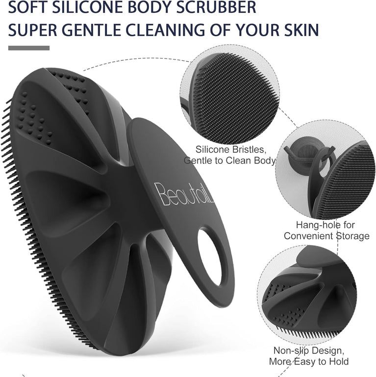 BEAUTAIL Silicone Body Scrubber Shower Bath Wash Brush with Gentle Exfoliating Scrub Cleansing Loofah and Hygienic Properties, 1 Pack, Black
