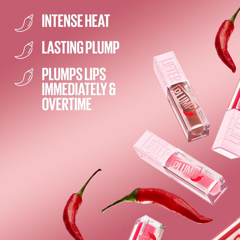Maybelline New York Peach Fever 005, Lifter Gloss for Full Lips with Plumping Heat Sensation, Infused with Vegan Hyaluronic Acid and Chili Pepper, Extra-Large Wand for Easy Application