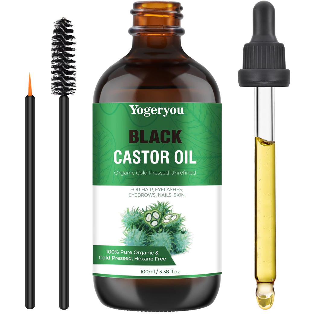 YogerYou Pure Organic Jamaican Black Castor Oil - Cold Pressed, Hexane-free Hair, Skin, Face, Nail & Eyelash Growth Booster in Unrefined Glass Bottle, Comes with Applicator for Thicker Brows & Lashes