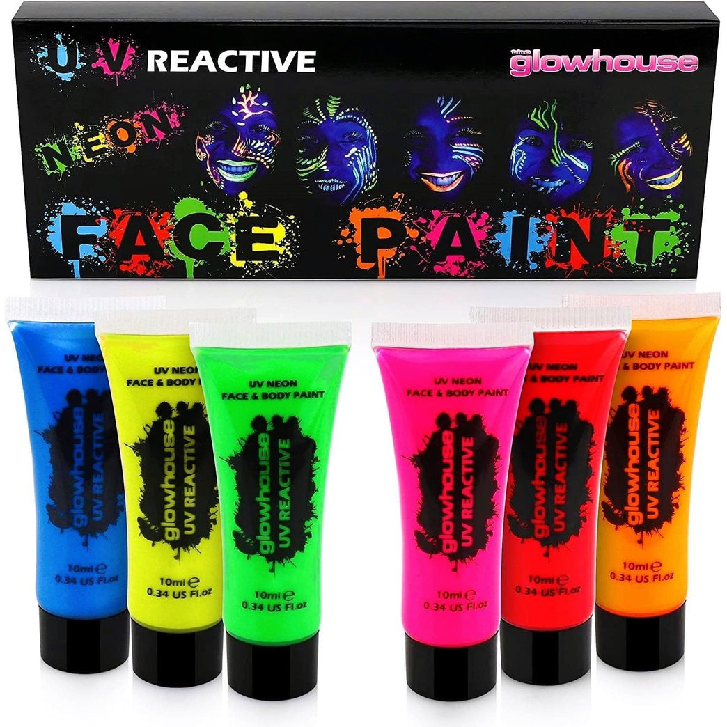 Ultra Bright UV Reactive Neon Face and Body Paint Set by The Glowhouse (6 Pack) - Perfect for Festivals and Glow Parties