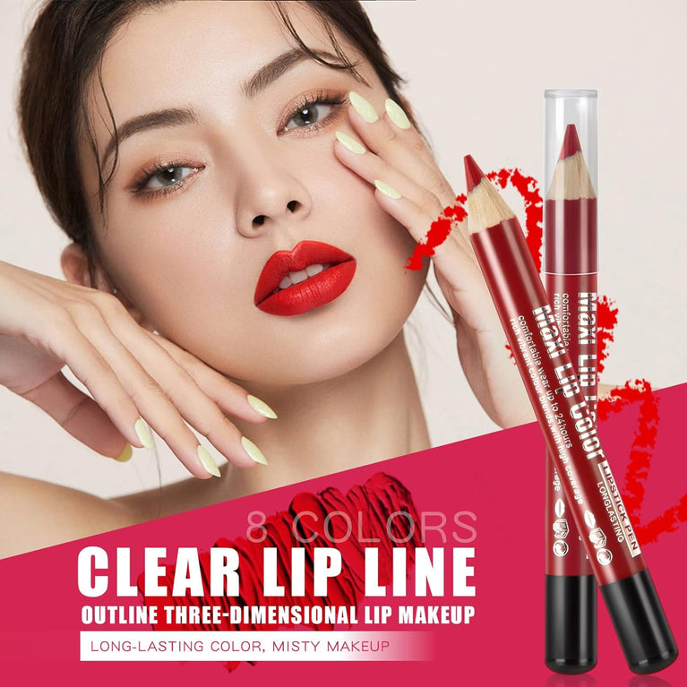 Beteligir Vibrant 8-Color Matte Lip Liner Set with Sharpener, Long-Lasting and Waterproof Lip Crayon, Non-Drying and Easy to Apply, Cruelty-Free (01)