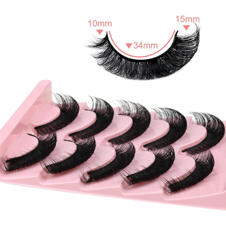Newcally Plant Fiber Strip Lashes - Russian Style, Natural Wispy & Fluffy 3D False Eyelashes, Thick D-Curl Faux Mink Lashes, Cat Eye Effect, Pack of 5 Pairs