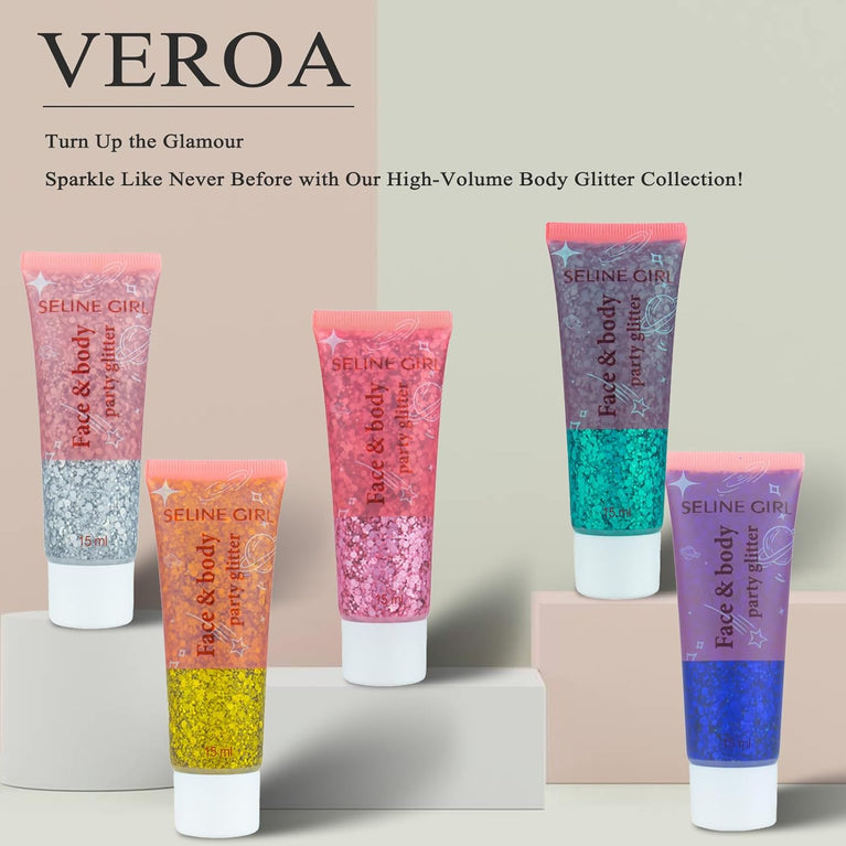 Veroa 5-Pack Multicolor Chunky Glitter Gel Set, 75ml Holographic Mermaid Sequins for Body, Hair, Face, Eye & Lip, All-Day Vegan Festival Makeup with Easy Application and Removal, Cruelty-Free