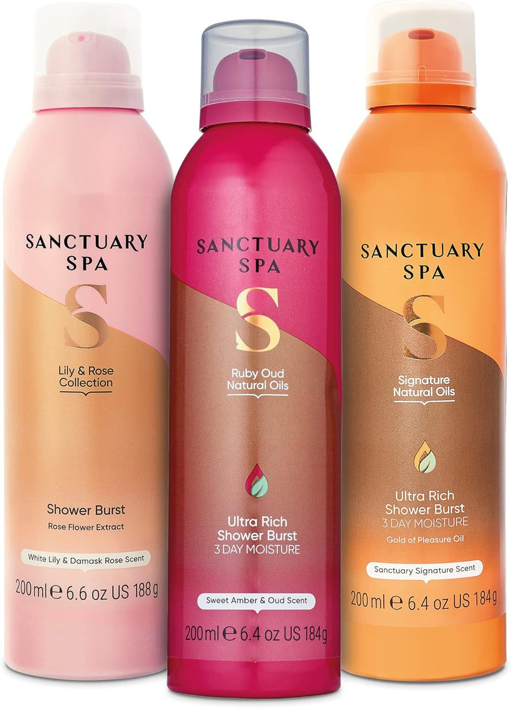 Sanctuary Spa Shower Burst Trio | Signature | Ruby Oud | Lily and Rose Shower Body Wash Bundle | 3 x 200 ml | Mineral Oil Free, Cruelty Free & Vegan