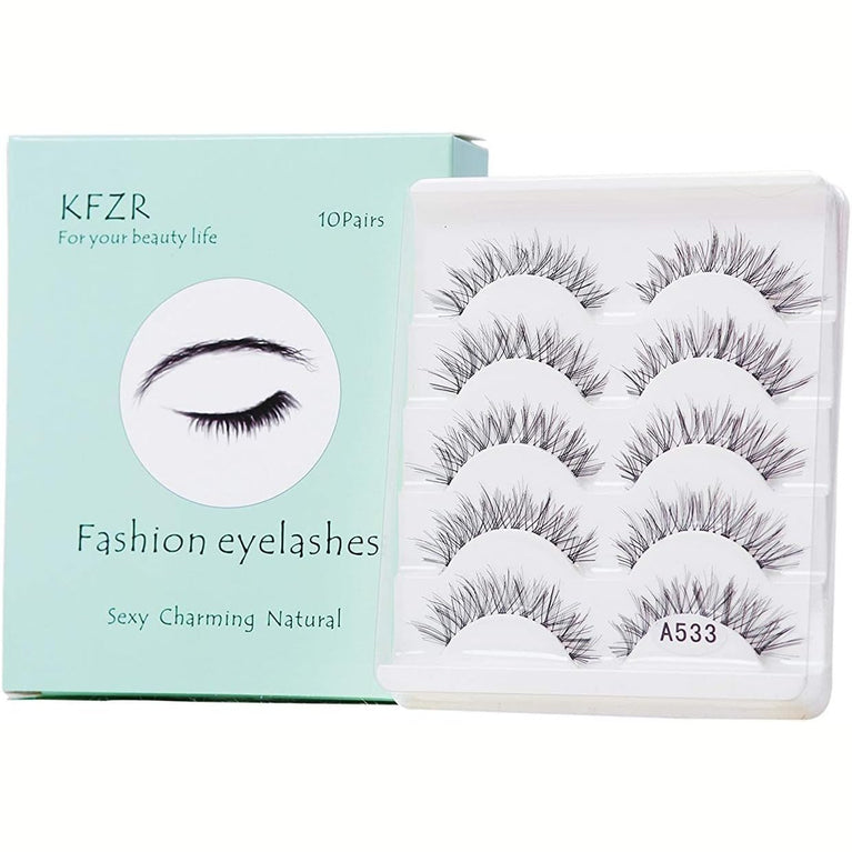 KFZR Handcrafted Synthetic False Eyelashes - 10 Pairs, Natural Look, 3D Crisscross Design, Black, Reusable