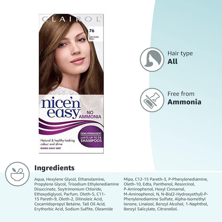 Clairol Nice'n Easy No Ammonia Hair Dye, 76 Light Golden Brown