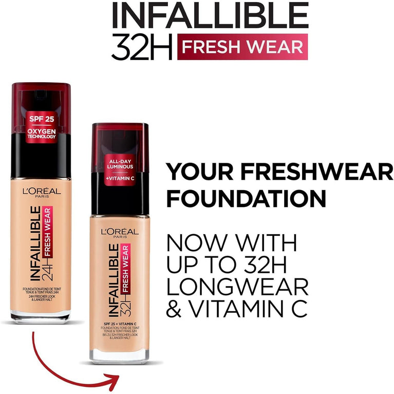 L'Oréal Paris Infallible 32H Fresh Wear Foundation in 20 Ivory - Full Coverage, Long-lasting, Waterproof, SPF 25, Enriched with Vitamin C for Flawless Finish