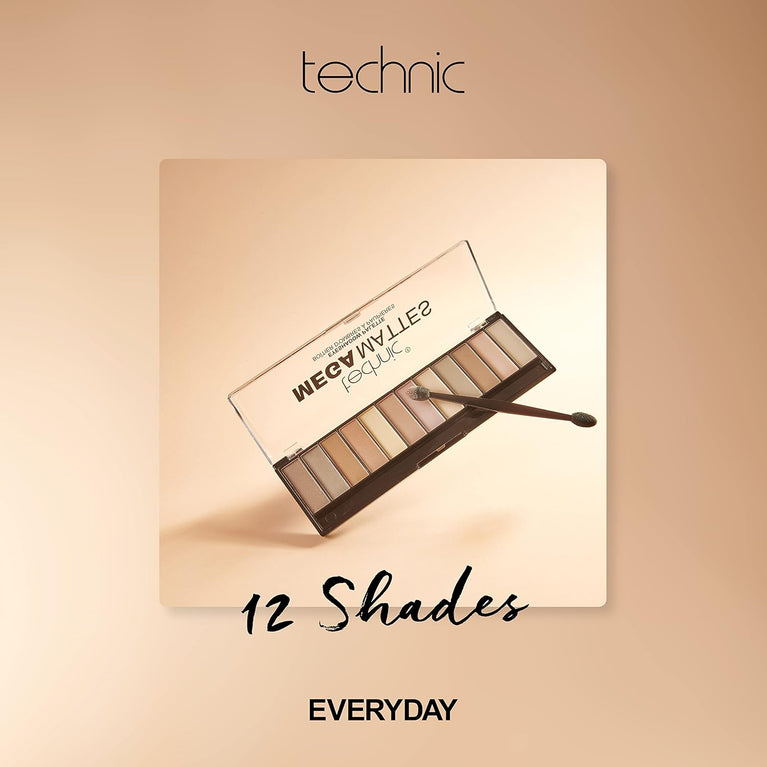 Technic Mega Mattes 12-Shade Nude Eyeshadow Palette - Long-Lasting Matte Pigments for Professional Day-to-Night Looks, 18g