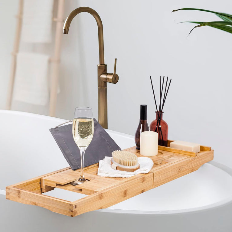 Extendable Bamboo Bath Caddy Tray for Bathtub with Phone and Tablet Slots, Candle Holder, and Soap Organizer