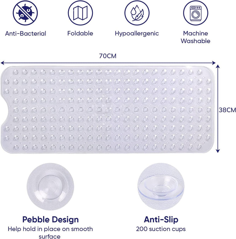 Anti-Slip Long Rubber Bath Mat with Drainage Holes - Easy to Clean and Stylish 70x38cm