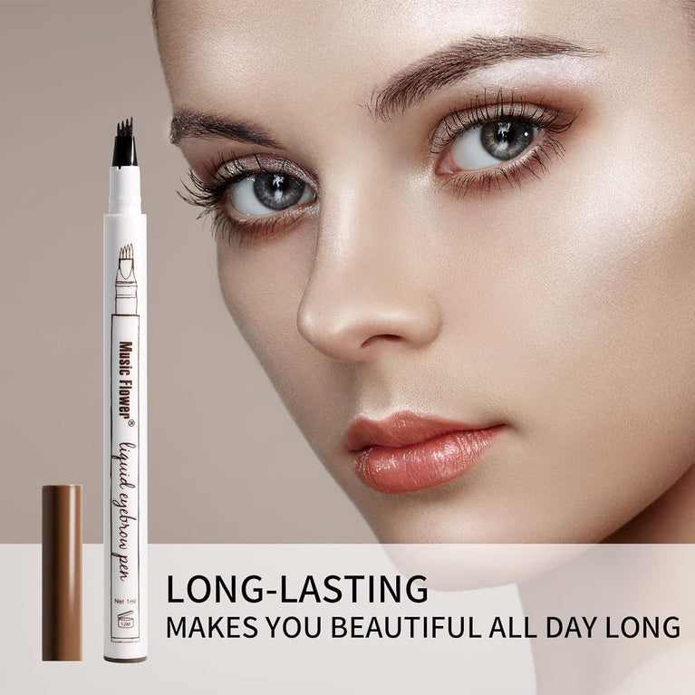 Music Flower 4-Tip Waterproof Eyebrow Pencil in Reddish Brown, Long-Lasting Smudgeproof Brow Pen with Natural Fine Sketch