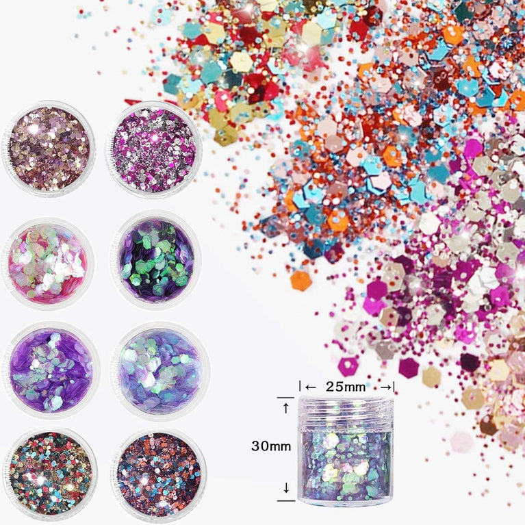 Yitla Sparkle Extravaganza: 8-Color Cosmetic Glitter Set with Fix Gel & Brush for Body, Hair, and Cheek Enhancement - Ideal for Parties and Festivals