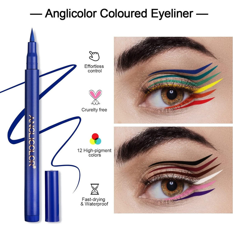 Anglicolor Rainbow Matte Eyeliner Set, 12 Vibrant Colors, Waterproof, Smudge-Proof, Long Lasting, Intensely Pigmented Eyeliner Pens for Special Occasions and Daily Wear