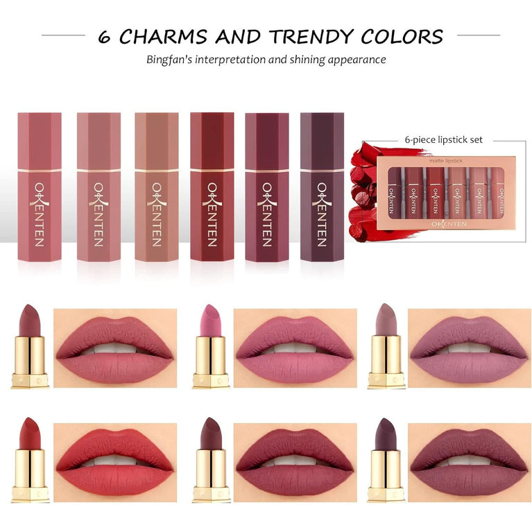 Matte Finish Lipstick Set - Waterproof, Intense Pigment, Long-Lasting Lip Makeup Kit (6 Colors) - Ideal Gift for Women for All Occasions
