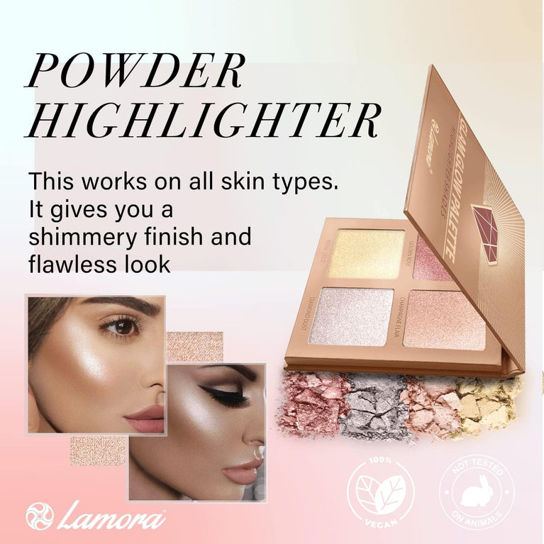 Vegan Glow - Hypoallergenic 4-Shade Shimmer Bronzer and Highlighter Palette with Mirror